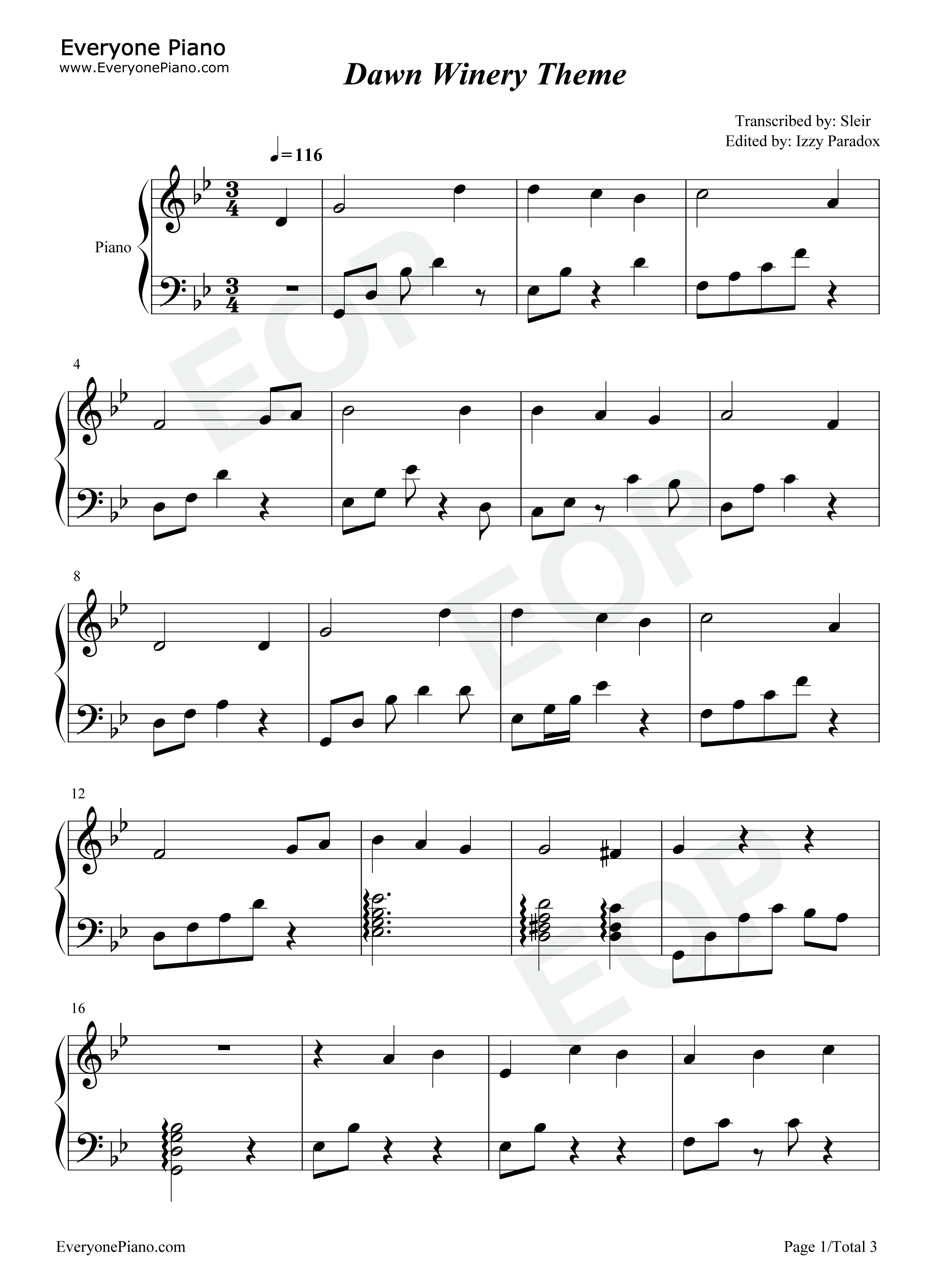 Dawn Winery Theme-晨曦酒庄-原神BGM五线谱预览1