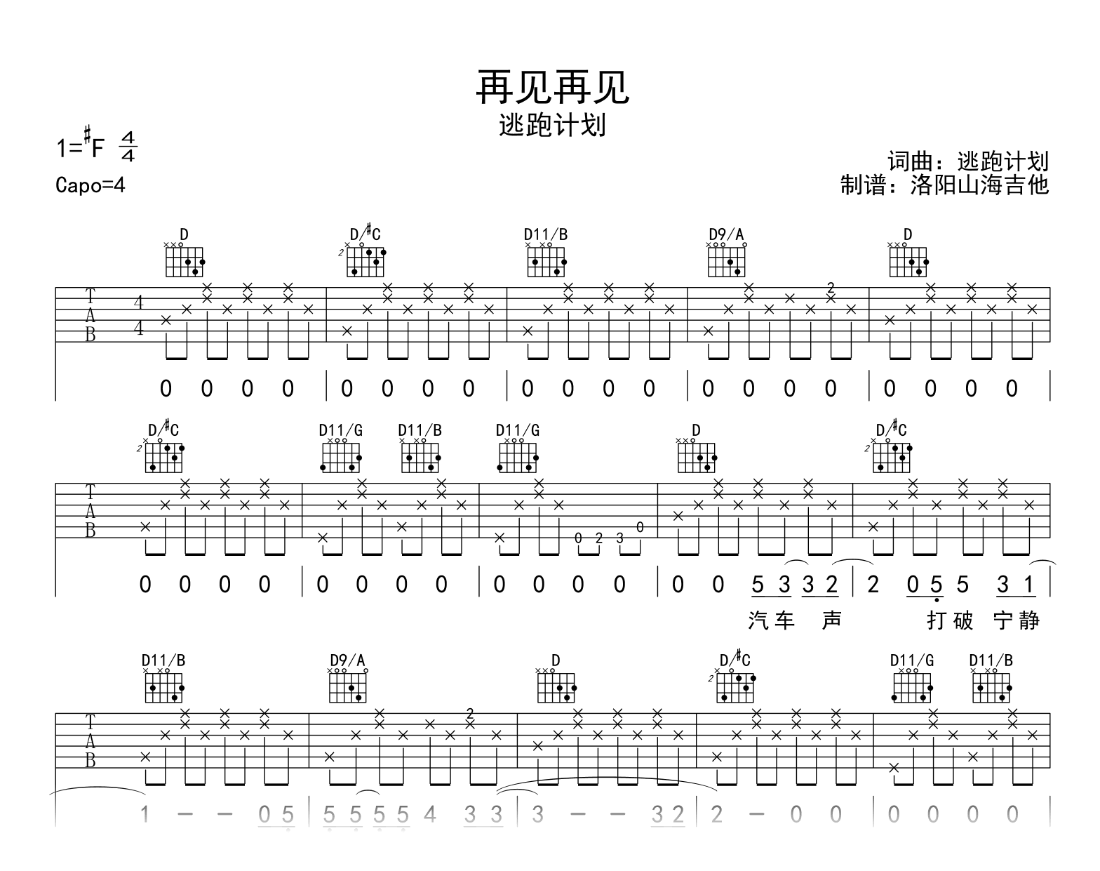 逃跑计划再见再见吉他谱-D调指法-吉他帮