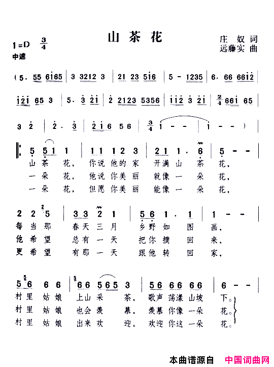 山茶花邓丽君演唱版简谱