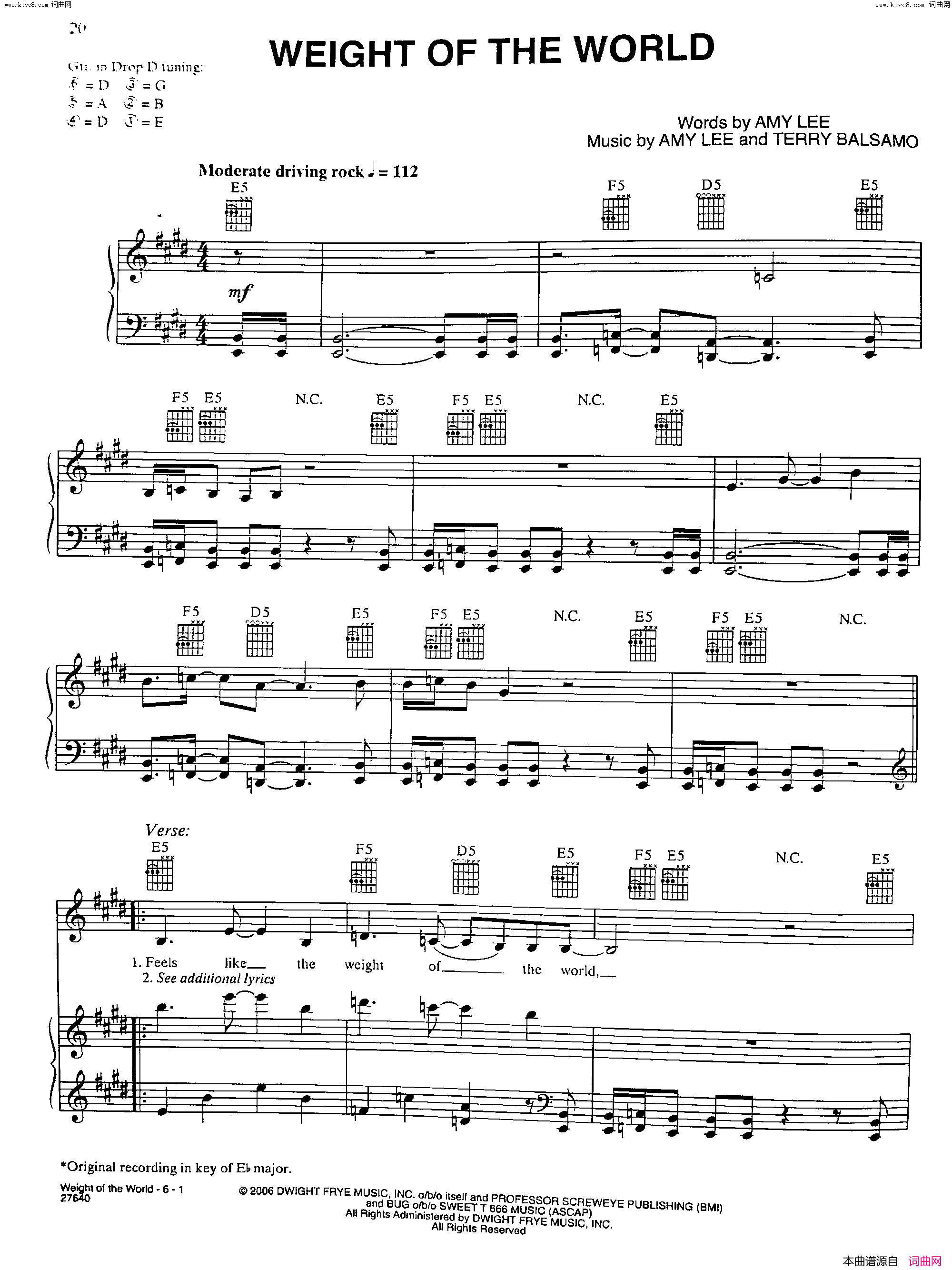 Weight Of The World歌曲 人声吉他钢琴谱简谱