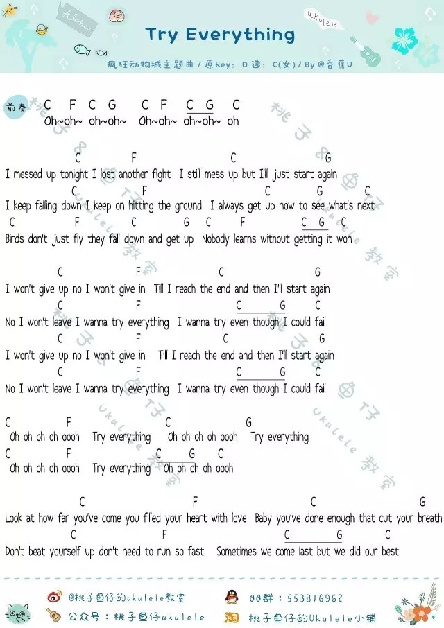 《Try Everything吉他谱》_疯狂动物城主题曲_C调_吉他图片谱2张 图1